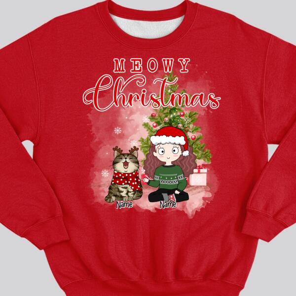 Meowy Christmas, Girl & Cat, Personalized Girl & Cat Breeds Sweatshirt, Sweatshirt For Cat Lovers
