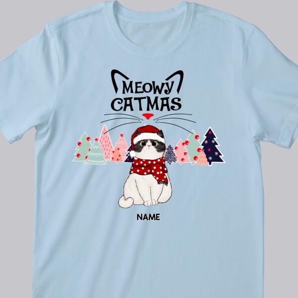 Meowy Catmas, Christmas Cat With Pine Trees, Personalized Cat Breeds T-shirt, Xmas Gifts For Cat Lovers, Christmas T-shirt