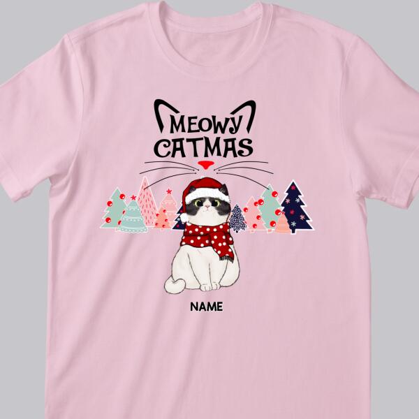 Meowy Catmas, Christmas Cat With Pine Trees, Personalized Cat Breeds T-shirt, Xmas Gifts For Cat Lovers, Christmas T-shirt
