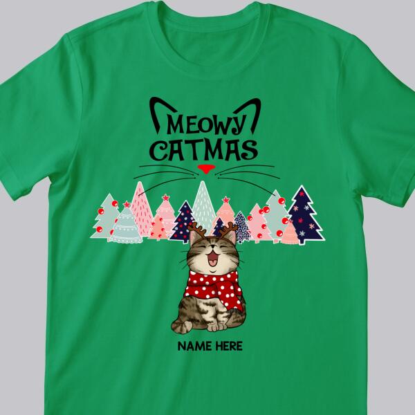 Meowy Catmas - Christmas Cat With Pine Trees - Personalized Cat Christmas T-shirt