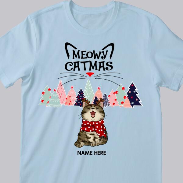 Meowy Catmas - Christmas Cat With Pine Trees - Personalized Cat Christmas T-shirt