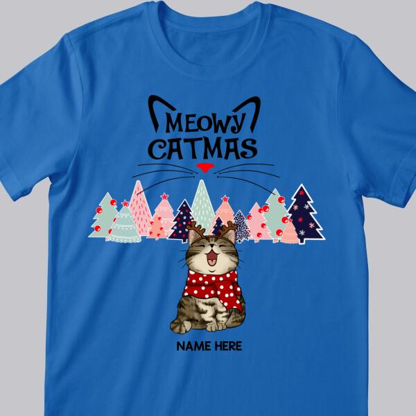 Meowy Catmas - Christmas Cat With Pine Trees - Personalized Cat Christmas T-shirt