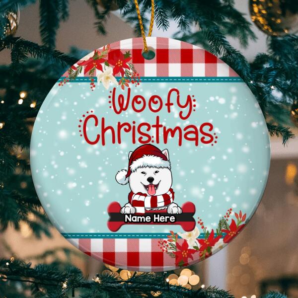 Woofy Christmas, Flower & Buffalo Plaid Circle Ceramic Ornament, Personalized Christmas Dog Breeds Ornament