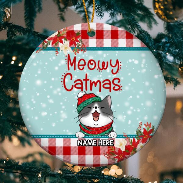 Meowy Catmas, Winter Snow, Flower & Buffalo Plaid Circle Ceramic Ornament, Personalized Christmas Cat Breeds Ornament