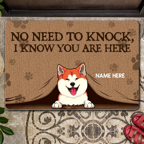 No Need To Knock We Know You Are Here, Peeking From Curtain, Personalized Dog & Cat Doormat