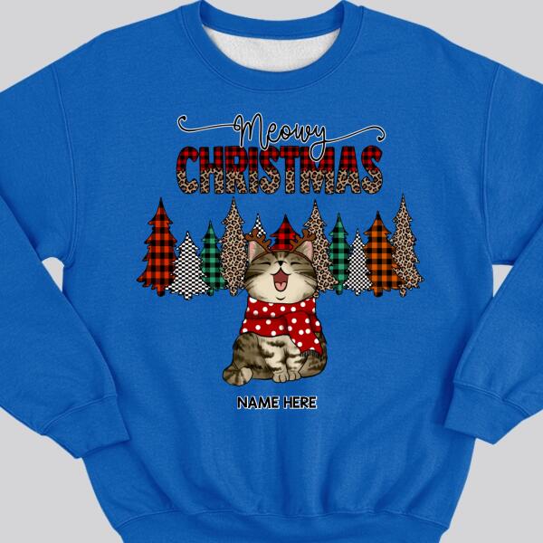 Meowy Christmas, Leopard & Plaid Christmas Trees, Personalized Cat Breeds Sweatshirt, Sweatshirt For Cat Lovers