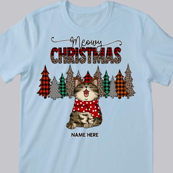 Meowy Christmas, Leopard & Plaid Christmas Trees, Personalized Cat Breeds T-shirt, T-shirt For Cat Lovers