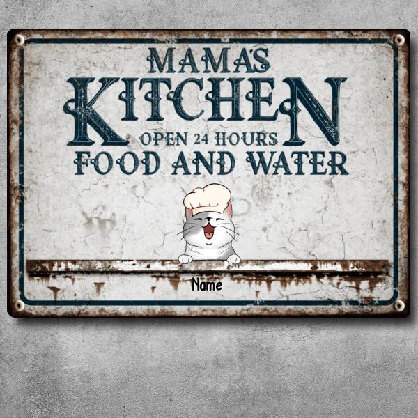 Mama's Kitchen Open 24 Hours Food And Water, Vintage Style, Personalized Cat Breeds Metal Sign
