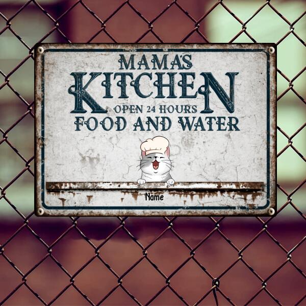 Mama's Kitchen Open 24 Hours Food And Water, Vintage Style, Personalized Cat Breeds Metal Sign
