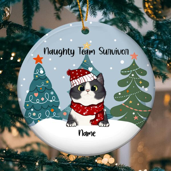 Naughty Team Survivor Circle Ceramic Ornament, Cute Pine Trees With Christmas Cats, Personalized Cat Lovers Decorative Christmas Ornament