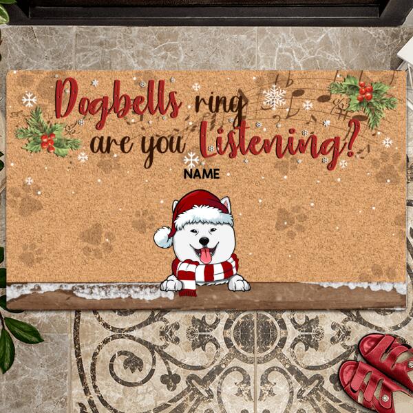 Dogbells Ring Are You Listening, Musical Notes With Christmas Leaves And Paws Background, Personalized Dog Christmas Doormat