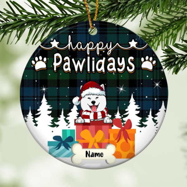 Happy Pawlidays, Christmas Tree & Gifts, Plaid Circle Ceramic Ornament, Personalized Christmas Dog Breed Ornament