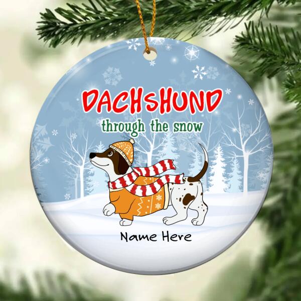 Dachshund Through The Snow Circle Ceramic Ornament, Pine Forest And Snow, Personalized Cat Lovers Decorative Christmas Ornament