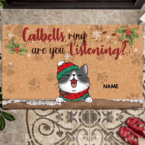 Catbells Ring Are You Listening, Musical Notes With Christmas Leaves And Paws Background, Personalized Cat Christmas Doormat