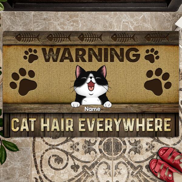 Warning Cat Hair Everywhere, Pawprints & Fish Bones Doormat, Personalized Cat Breeds Doormat