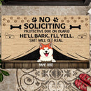 No Soliciting Protective Dog On Guard, They'll Bark, I'll Yell, Shit Will Get Real, Yellow Canvas Background, Personalized Dog Doormat