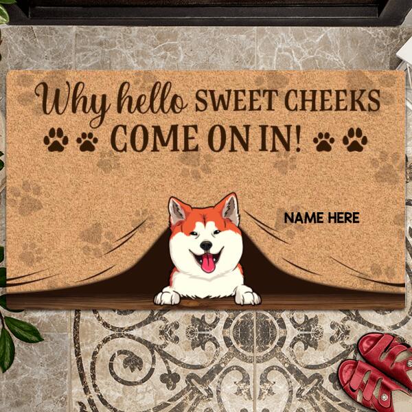 Why Hello Sweet Cheeks Come On In, Peeking From Curtain Doormat, Personalized Dog & Cat Doormat