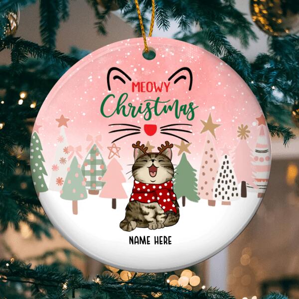 Meowy Christmas Circle Ceramic Ornament, Colorful Pine Trees Light Pink Background, Personalized Cat Lovers Decorative Christmas Ornament