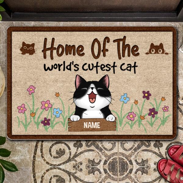 Home Of The World's Cutest Cats, Cat & Flower Doormat, Personalized Cat Breeds Doormat, Cute Home Decor
