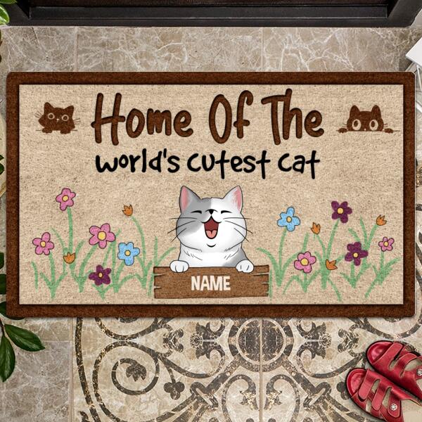 Home Of The World's Cutest Cats, Cat & Flower Doormat, Personalized Cat Breeds Doormat, Cute Home Decor