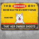Beware They Eat Everyone That Their Owner Shoots, Yellow Warning Sign, Personalized Dog Breeds Metal Sign