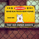 Beware They Eat Everyone That Their Owner Shoots, Yellow Warning Sign, Personalized Dog Breeds Metal Sign