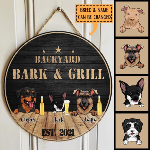 Dog Backyard Bar & Grill Sign, Backyard Home Wreath Black Background, Personalized Dog Breed Door Sign
