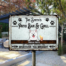 Patio Bar & Grill, Proudly Serving Whatever You Brought, Dog & Beverage Sign, Personalized Dog Breeds Metal Sign