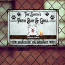 Patio Bar & Grill, Proudly Serving Whatever You Brought, Dog & Beverage Sign, Personalized Dog Breeds Metal Sign