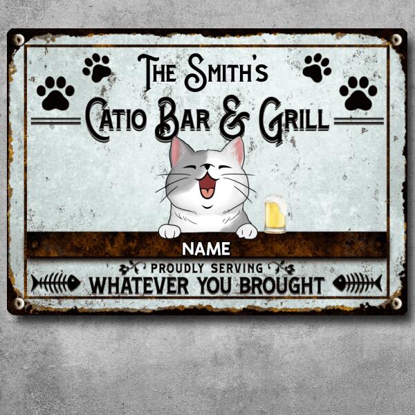 Catio Bar & Grill, Proudly Serving Whatever You Brought, Cat & Beverage Sign, Personalized Cat Breeds Metal Sign
