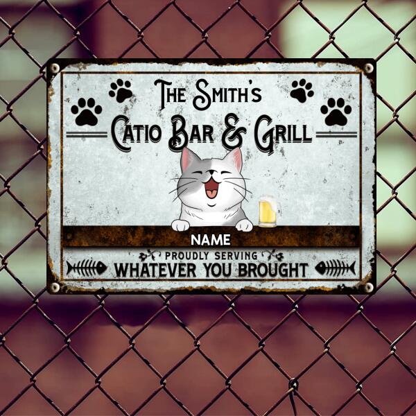 Catio Bar & Grill, Proudly Serving Whatever You Brought, Cat & Beverage Sign, Personalized Cat Breeds Metal Sign
