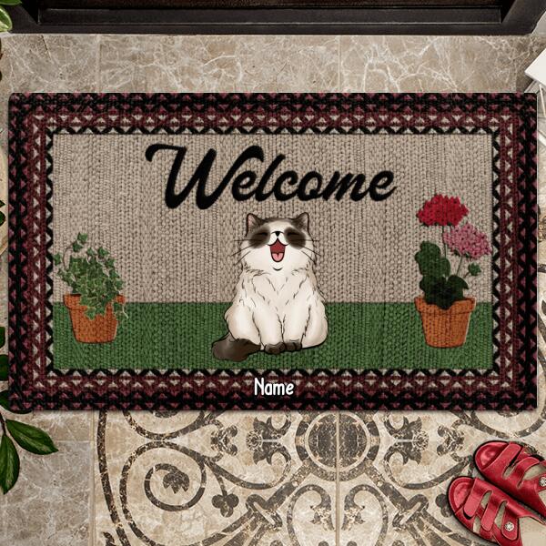 Welcome, Plant And Flower Doormat, Personalized Cat Breeds Doormat, Gifts For Cat Lovers, Cute Home Decor