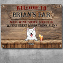 Welcome To Family Bar, Beer Wine Shots Shooters, Where Great Minds Drink Alike, Classic Wooden Theme, Personalized Dog Breeds Metal Sign