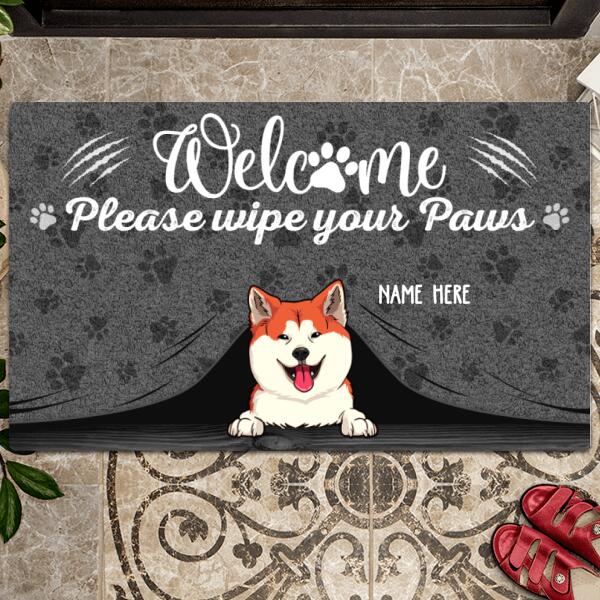Welcome Please Wipe Your Paws, Grey Curtain Background, Personalized Dog Breeds Doormat