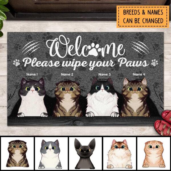 Welcome Please Wipe Your Paws, Grey Curtain Background, Personalized Cat Breeds Doormat