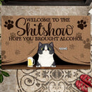 Welcome To The Shitshow Hope You Brought Alcohol, Paws On Brown Curtain Background, Personalized Cat Breeds Doormat
