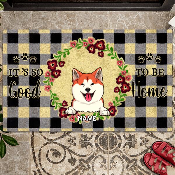 It's So Good To Be Home, Checked Background With Wreath, Personalized Dog & Cat Doormat