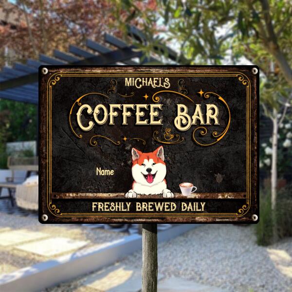 Coffee Bar Freshly Brewed Daily, Vintage Sign, Pet & Beverage, Personalized Dog & Cat Metal Sign