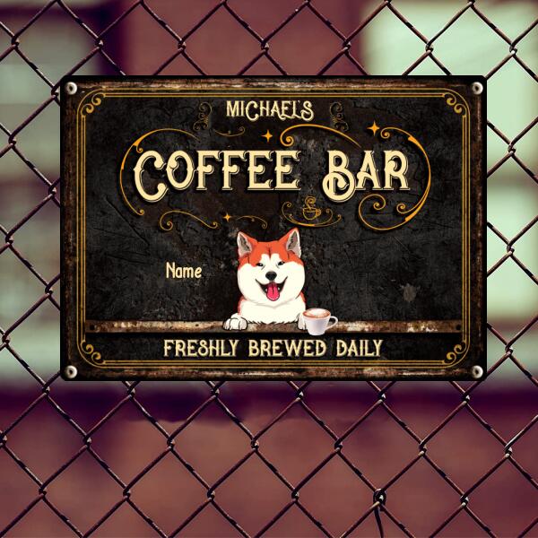 Coffee Bar Freshly Brewed Daily, Vintage Sign, Dog & Beverage, Personalized Dog Breeds Metal Sign