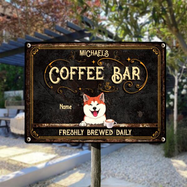 Coffee Bar Freshly Brewed Daily, Vintage Sign, Dog & Beverage, Personalized Dog Breeds Metal Sign