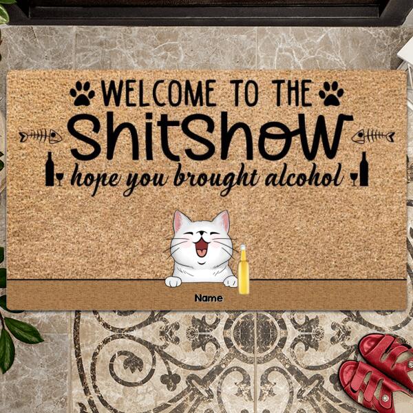 Welcome To The Shitshow Hope You Brought Alcohol, Cool Style Family, Light Brown, Personalized Cat Breed Doormat