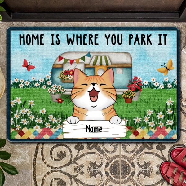 Home Is Where You Park It, Camper Vans The Green Field With Flowers And Butterflies, Personalized Cat Lovers Doormat