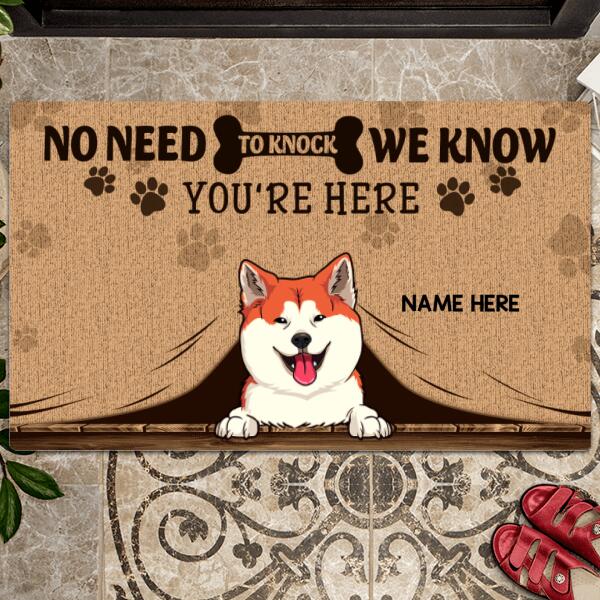 No Need To Knock We Know You're Here, Dog & Cat Doormat, Pet Peeking From Curtain Doormat, Personalized Dog & Cat