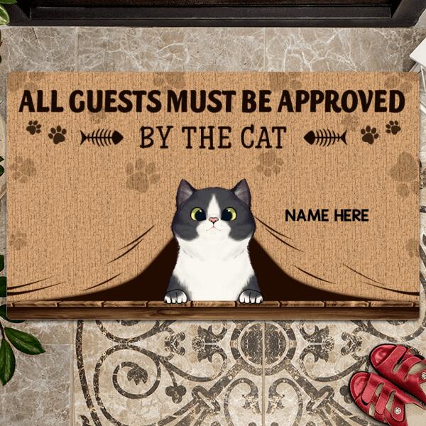 All Guests Must Be Approved By The Cats, Cat Peeking From Curtain Doormat, Personalized Cat Breeds Doormat