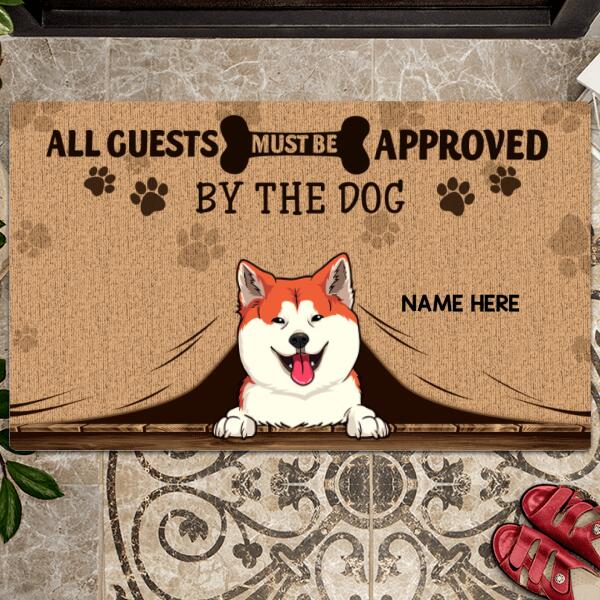 All Guests Must Be Approved By The Dogs, Dog Peeking From Curtain Doormat, Personalized Dog Breeds Doormat