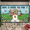 Home Is Where You Park It, Camper Vans On The Green Field With Flowers And Butterflies, Personalized Dog Lovers Doormat