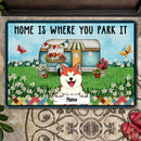 Home Is Where You Park It, Camper Vans On The Green Field With Flowers And Butterflies, Personalized Dog Lovers Doormat