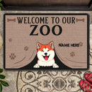 Welcome To Our Zoo, Dog Peeking From Curtain Doormat, Personalized Dog & Cat Doormat