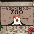 Welcome To Our Zoo, Dog Peeking From Curtain Doormat, Personalized Dog & Cat Doormat
