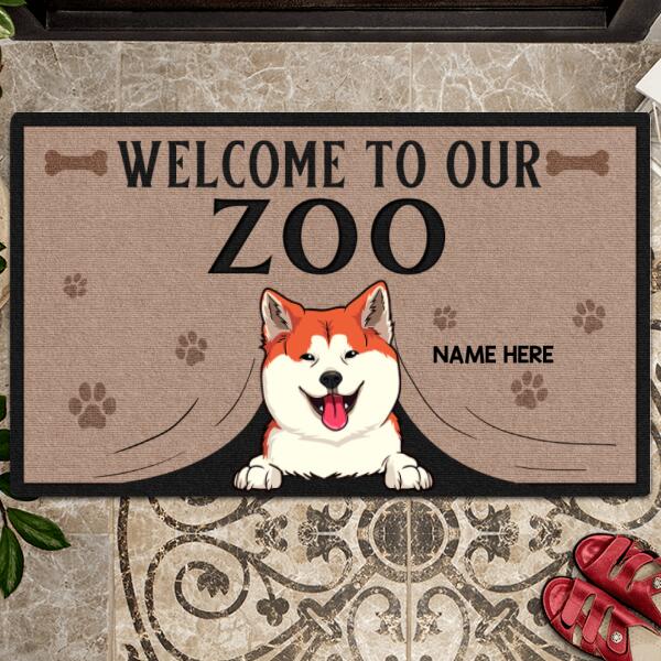 Welcome To Our Zoo, Dog Peeking From Curtain Doormat, Personalized Dog & Cat Doormat